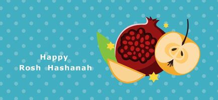 Bright and festive Rosh Hashanah greeting card featuring a pomegranate and apple on a polka dot background. Perfect for celebrating the Jewish New Year vector