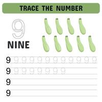 Trace the number . Tracing number worksheet for kindergarten, preschool for learning numbers and handwriting practice activities. Educational children game, printable worksheet. illustration vector