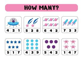 How many planets, rockets, stars, aliens. Educational math game. A counting game for children. illustration vector