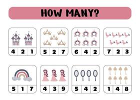 How many princesses, castles, carriages, crowns, keys. Educational math game. A counting game for children. illustration vector