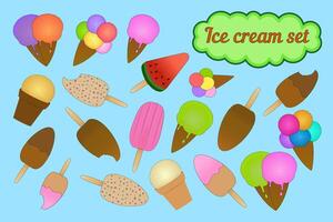 A vibrant illustration featuring a variety of colorful ice creams in cones and on sticks. Perfect for summer-themed designs and projects. vector