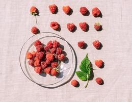 Red raspberry in a plate on the kitchen table, summer seasonal food, bright sunlight and shadows. Background of fruity ripe berrie photo