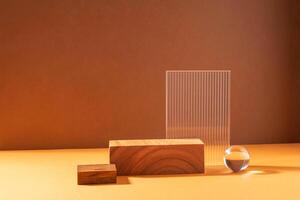 Creative abstract podium from wooden figures and glass, against a brown background with hard light photo