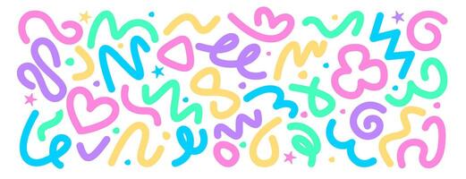 Colorful squiggly line, abstract squiggles in doodle style. Color hand drawn various shapes, strokes and stars. Freeform childish bold scribbles. Trendy design elements for children party celebration. vector