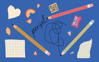 Various pencils, sharpener, checked paper, blank paper. Reminder, office, planner concept. Hand drawn illustration. Cartoon style. Isolated elements. Design templates. vector