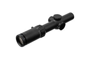 Modern sniper scope on a white back. Optical device for aiming and shooting at long distances. photo
