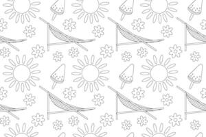 A fun and relaxing black and white coloring page featuring a summer-themed pattern with hammocks, suns, and popsicles. Perfect for all ages. vector