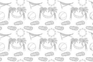 Seamless pattern featuring summer beach elements like palm trees, hammocks, and flip flops. Perfect for coloring pages and kids activities. vector