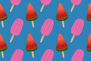 Vibrant seamless pattern of watermelon and pink ice cream on a blue background. Perfect for summer-themed projects and designs. vector