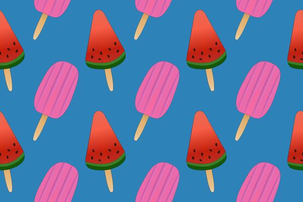 Vibrant seamless pattern of watermelon and pink ice cream on a blue background. Perfect for summer-themed projects and designs.