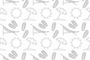 Black and white seamless pattern featuring beach umbrellas, flip flops, sun loungers, and suns. Ideal for coloring pages and summer-themed designs. vector