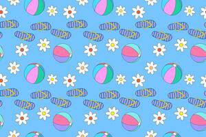 A vibrant seamless pattern featuring flip-flops, beach balls, and daisies. Perfect for summer-themed designs and projects. vector