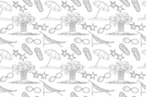 Black and white summer beach pattern with palm trees, sunglasses, beach umbrellas, and starfish. Perfect for kids and adults to color and relax. vector