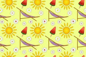 Bright and cheerful seamless pattern with summer elements like sun, hammock, and ice cream. Perfect for summer-themed designs. vector