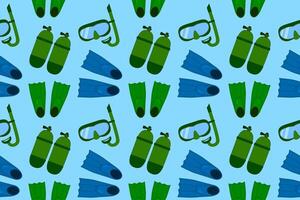 Seamless pattern featuring various diving gear such as flippers, snorkels, and tanks. Perfect for summer, travel, and aquatic designs. vector