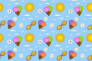 Bright and cheerful summer pattern featuring ice cream, sunglasses, and suns, perfect for seasonal designs and creative projects. vector