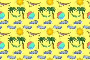 Vibrant summer pattern featuring beach balls, palm trees, hammocks, flip flops, and suns. Perfect for seasonal designs and backgrounds. vector