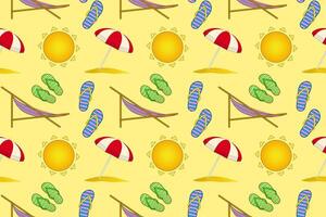 Bright and colorful pattern featuring beach elements like flip-flops, umbrellas, and suns. Perfect for summer-themed designs. vector