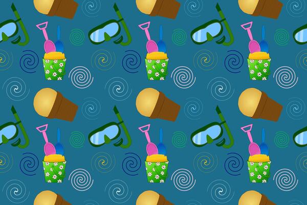 Colorful seamless pattern featuring beach items like ice cream, snorkel gear, and sand buckets. Perfect for summer-themed designs.