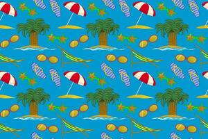 Vibrant pattern featuring palm trees, sunglasses, flip-flops, umbrellas, and beach elements. Ideal for summer-themed designs. vector