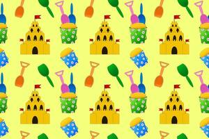 A vibrant and playful seamless pattern featuring sandcastles, shovels, and pails, perfect for summer-themed projects and designs. vector
