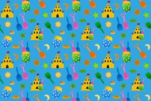 Seamless pattern featuring colorful beach toys, sand castles, and playful elements. Perfect for summertime designs and childrens projects. vector