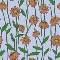 seamless pattern with daisies flowers on a blue background. vintage style print, 70s colors vector