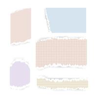 set of colored torn pieces of notepad paper. Torn diary sheets with uneven edges in stripes and in a cage. Torn paper for notes, stickers. Elements for scrapbooking. vector