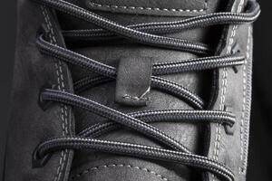 Part of a leather boot close-up. A fragment of the texture of leather shoes. photo