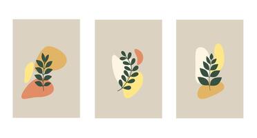 set of three minimalist botanical illustrations, green leafy branch against abstract, organic shapes in warm earthy tones of yellow, orange, and beige. Perfect for modern, design for print. vector