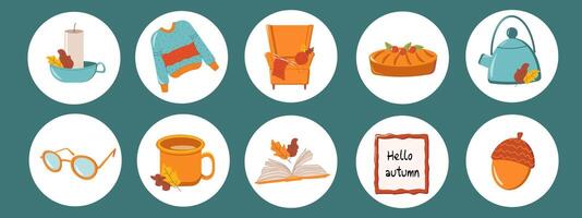 Autumn set of round stickers or badges with mug, armchair, sweater, knitting, acorn, glasses, kettle, book, sheets, candle, pie, frame hello autumn in a simple style. vector