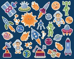 A set of space stickers. Space bundle in cartoon style with planets, kids astronauts on dark background. vector