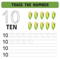 Trace the number. Learning the number 10 with corn. Educational children's game, printable worksheet. illustration vector