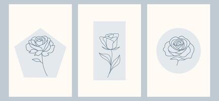 Set of three minimalist roses illustrations with simple. Each design features a unique geometric shape background in soft, neutral tones, creating a modern and elegant look. Greeting card and poster vector