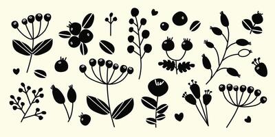 Berries set, simple branches. Black silhouette of berries on a beige background. Autumn set of hand drawn cute design elements. Autumn season. vector