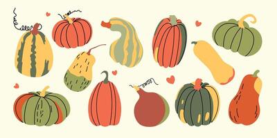 Autumn set of pumpkins. Set of hand drawn cute and cozy design elements. Autumn, Thanksgiving, pumpkin season. vector