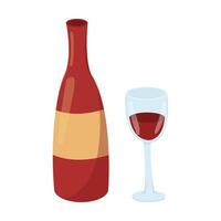 illustration of a wine bottle and glass. Image of a red strong drink with a filled glass isolated on a white background. Colored logo. vector