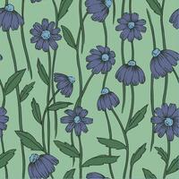 seamless pattern with daisies flowers on a blue background. vintage style print, 70s colors vector