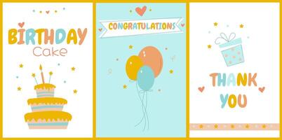 A festive set of colorful cards for a birthday party with different inscriptions, balloons and a birthday cake vector