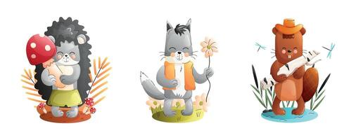 Chidren cute animal set. A hedgehog, a cat, and a bear are depicted in a vibrant forest setting, each participating in playful and joyful activities. vector