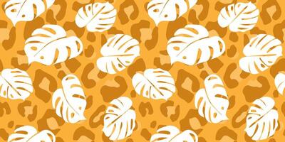 Seamless pattern with silhouettes of monstera leaves on an animal print background. Exotic leopard spots with plants. vector