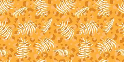 Seamless pattern with leopard print and silhouettes of exotic palm leaves. Summer tropical ornament. vector