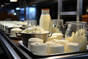 Freshly made white cheese in bowls and milk in bottles. photo