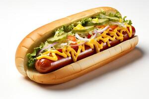 Mega tasty hot dog on a white background. photo
