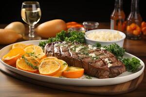 Medium rare beef steak with orange and white wine. photo