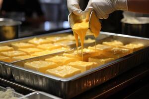 Close-up of a chef taking a melted piece of cheese from a large pan, kitchen in a hotel complex. photo