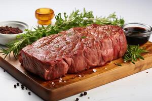grilled large piece of beef on a barbecue and served on a wooden board photo