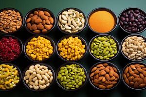Set of different nuts in wooden bowls. photo