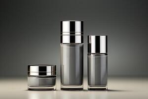 A set of different jars for cosmetics on a gray background, mockup for business cosmetology. photo