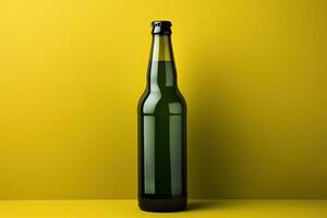Glass green beer bottle, beer maker mockup. photo
